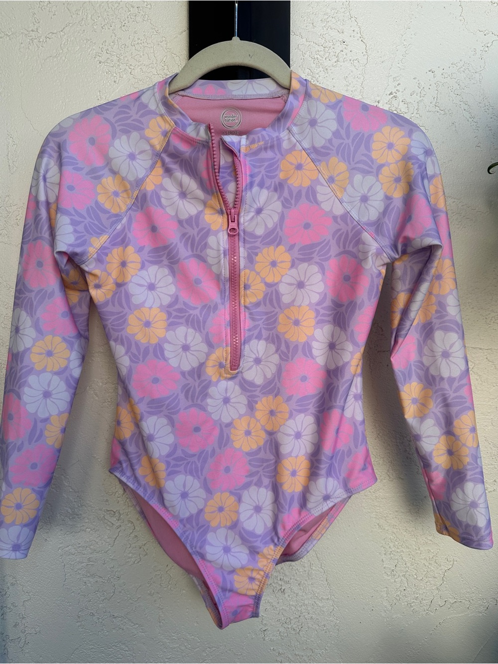 Wonder Nation Pink & Lavender Floral Long Sleeve One-Piece Swimsuit, New, 10/12